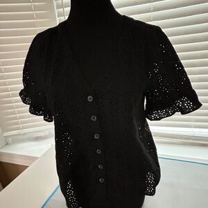 Madewell Black Eyelet Blouse size XS Short Sleeve Button Front